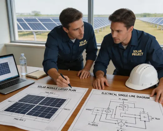 Project engineers reviewing solar drawings